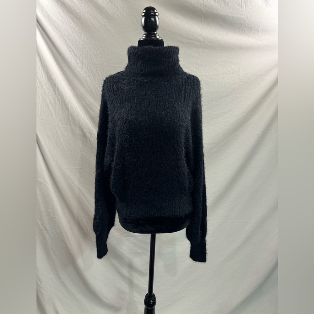 LAST ONE 🔥 Black Fuzzy Turtleneck Drop Shoulder Sweater Pullover - Picture 4 of 6